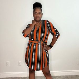 J for Justify, large dress, green, blue, white stripe with orange background,